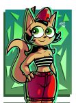  2021 abstract_background alternate_costume anthro bottomwear clothing colored domestic_cat felid feline felis female front_view hand_on_hip hat headgear headwear hi_res kitty_katswell looking_at_viewer mammal midriff mole_under_eye nickelodeon portrait shaded shirt shorts signature simple_shading smile solo standing t.u.f.f._puppy tank_top three-quarter_portrait toonbert topwear 