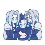  105zz 3boys arm_around_shoulder armor black_coat black_gloves black_hair black_shirt blue_eyes chest_strap chibi chibi_only coat commentary_request cropped_torso cross_scar final_fantasy final_fantasy_vii final_fantasy_vii_rebirth final_fantasy_vii_remake frown furrowed_brow gloves green_eyes grey_hair holding_hands male_focus multiple_boys open_mouth parted_bangs pauldrons ribbed_shirt scar scar_on_cheek scar_on_face sephiroth shirt shoulder_armor sideburns slit_pupils smile sweatdrop upper_body white_background yaoi zack_fair 