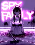  1girl 1other bangs bikini black_bikini black_hair blood breasts closed_mouth collarbone commentary_request copyright_name dagger highres knife large_breasts looking_at_viewer navel outdoors partially_submerged purple_theme red_eyes short_hair_with_long_locks solo_focus spy_x_family stiletto_(weapon) swimsuit tsukumo_momo water weapon yor_briar 