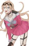  1girl :p antenna_hair bangs barbed_wire bent_over black_choker blonde_hair blue_eyes blush bow bowtie breasts choker cleavage danganronpa_(series) danganronpa_v3:_killing_harmony fingerless_gloves gloves goggles goggles_on_head hair_between_eyes hand_on_own_knee highres iruma_miu large_breasts long_hair long_sleeves looking_at_viewer mimi_(mimionee) o-ring open_mouth pink_skirt pleated_skirt school_uniform serafuku shirt skirt smile solo teeth tongue tongue_out 