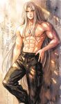  1boy abs against_wall aqua_eyes black_pants closed_mouth commentary cowboy_shot dog_tags english_commentary feet_out_of_frame final_fantasy final_fantasy_vii grey_hair hand_on_own_hip highres long_bangs long_hair male_focus monsterbf1ilove muscular muscular_male navel pants parted_bangs sephiroth solo straight_hair sweatpants topless_male twitter_username very_long_hair 