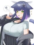  1girl absurdres alternate_hairstyle animal_ears arknights black_jacket blush breasts bright_pupils cat_ears cat_girl cat_tail commentary diamond-shaped_pupils diamond_(shape) green_eyes hair_ornament hand_up highres huge_breasts jacket jessica_(arknights) jessica_the_liberated_(arknights) looking_at_viewer medium_hair open_clothes open_jacket open_mouth playing_with_own_hair purple_hair scissors shirt short_sleeves simple_background small_sweatdrop solo spam_(spamham4506) speech_bubble symbol-shaped_pupils tail tail_raised teeth thought_bubble upper_body upper_teeth_only white_background white_pupils white_shirt 