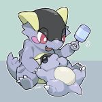  black_eyes blue_background blush_stickers claws commentary_request fang full_body highres holding holding_rattle kangaskhan kurimo_jinguy mega_kangaskhan no_humans nostrils open_mouth pokemon pokemon_(creature) rattle two-tone_background 