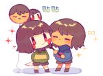  2others :| ankle_boots arms_behind_back balloon bare_legs black_shirt blue_sweater blunt_bangs blunt_ends bob_cut boots brown_boots brown_hair brown_shorts chara_(undertale) cheek-to-cheek chibi chibi_only chinese_commentary chinese_text circle_facial_mark closed_eyes closed_mouth collared_shirt commentary_request double-parted_bangs expressionless facial_mark facing_viewer frisk_(undertale) full_body green_sweater heads_together holding holding_knife holding_stick knife long_sleeves looking_at_viewer multiple_others other_focus pale_skin pink_sweater puffy_long_sleeves puffy_sleeves red_eyes shadow shirt short_hair shorts side-by-side simple_background smile solid_oval_eyes sparkle standing stick striped_clothes striped_sweater sweater translation_request turtleneck turtleneck_sweater tuteo two-tone_sweater undertale utdr_(toby_fox) white_background yellow_sweater 