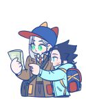  105zz 2boys alternate_costume aqua_jacket backpack bag baseball_cap black_hair black_pants brown_jacket chibi chibi_only closed_mouth collared_shirt commentary_request cowboy_shot cropped_legs cross_scar earrings final_fantasy final_fantasy_vii green_eyes green_vest grey_hair hair_slicked_back hat holding holding_map jacket jewelry long_hair low_ponytail male_focus map medium_hair multiple_boys necktie open_mouth orange_necktie pants parted_bangs pointing ponytail scar scar_on_cheek scar_on_face sephiroth shirt shoulder_bag sideburns single_earring slit_pupils smile suit_jacket teeth upper_teeth_only vest white_background white_shirt zack_fair 