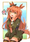  1girl absurdres animal_ears blush bomber_jacket bow breasts brown_ribbon collarbone commentary_request crop_top dog_tags ear_bow ear_ribbon ear_wiggle green_jacket heart highres horse_ears horse_girl horse_tail jacket long_hair long_sleeves looking_at_viewer mayano_top_gun_(scramble_zone)_(umamusume) mayano_top_gun_(umamusume) midriff navel onemu_(degukawaiine) open_clothes open_jacket open_mouth orange_hair orange_tail ribbon shirt shorts small_breasts smile solo speech_bubble spoken_heart tail tail_wagging thighhighs two_side_up umamusume white_shorts yellow_shirt 
