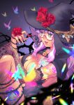  1girl black_cape black_gloves black_hat black_leotard blue_butterfly breast_tattoo breasts bug butterfly cape clasp cleavage commentary commission elbow_gloves english_commentary feet_out_of_frame flower flower_tattoo from_side glasses gloves green_eyes hat hat_flower hellena_(ragsgenesis) knees_up lace lace_gloves large_breasts leg_tattoo leg_thorns leotard light_particles long_hair mole mole_under_eye original parted_lips pink-framed_eyewear pink_hair pink_lips plant purple_butterfly red_butterfly red_flower red_rose rose rosie_rosie semi-rimless_eyewear shoulder_tattoo single_elbow_glove single_glove sitting skeb_commission solo sparkle strapless strapless_leotard tattoo thorns under-rim_eyewear vines wavy_hair witch_hat yellow_butterfly 