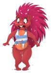  2022 anthro bottomless bottomless_anthro bottomless_female breasts chest_tuft cleavage clothed clothing female flaky_(htf) front_view full-length_portrait fur genitals hair happy_tree_friends hi_res honeymono mammal pink_hair porcupine portrait pussy quills red_body red_fur rodent shirt shocked solo standing tank_top topwear torn_clothing tuft wardrobe_malfunction 