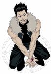  1boy bare_shoulders between_legs black_hair black_pants black_shirt black_shoes bnanadoto commentary_request fullmetal_alchemist fur-trimmed_vest fur_trim furrowed_brow greed_(fma) hand_between_legs hand_tattoo highres korean_commentary looking_at_viewer male_focus muscular muscular_male pants parted_lips red_eyes sharp_teeth shirt shoes short_hair smirk solo tattoo teeth transmutation vest 