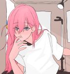  1girl blue_eyes bocchi_the_rock! closed_mouth commentary_request cube_hair_ornament gotoh_hitori guitar_stand hair_ornament highres long_hair looking_at_viewer mentos_pepsi pink_hair shirt solo upper_body white_shirt 