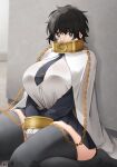  1girl black_eyes black_hair breasts chain chained_wrists commentary english_commentary glasses highres keenh large_breasts limbus_company messy_hair necktie project_moon skirt sora_(project_moon) thighhighs 