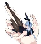  1boy 1other alternate_costume animal_ear_hairband animal_ears black_leotard black_ribbon black_shoes blue_bow blue_bowtie blue_eyes blue_gem blue_hair blush bow bowtie bracelet closed_mouth coattails crossdressing crossdressing_(mtf) edmond_(nu_carnival) fake_animal_ears fishnet_pantyhose fishnets full_body furrowed_brow gem groin hair_between_eyes hair_ribbon hairband hashtag-only_commentary high_heels highleg highleg_leotard highres holding holding_mini_person in_palm jewelry knee_up leg_up legs leotard long_hair looking_at_viewer low_ponytail lying male_focus male_playboy_bunny mini_person miniboy nu_carnival on_back pantyhose playboy_bunny ponytail pov pov_hands profile pumps rabbit_ear_hairband rabbit_ears ribbon ring shoes simple_background solo_focus tailcoat toned toned_male v-shaped_eyebrows white_background white_wrist_cuffs wrist_cuffs your_yanjiu 