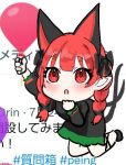  1girl :o animal_ears ao_orin_ringo arm_up balloon bow braid cat_ears cat_tail chibi dress green_dress holding holding_balloon kaenbyou_rin kneeling long_sleeves multiple_tails nekomata open_mouth red_eyes red_hair solo tail touhou twin_braids two_tails 