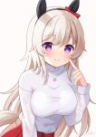  1girl absurdres animal_ears black_hairband blush bow breasts casual closed_mouth commentary_request curren_chan_(casual)_(umamusume) curren_chan_(umamusume) ear_bow ear_covers grey_hair hairband heart heart_necklace highres horse_ears horse_girl horse_tail jewelry kurumi_lm large_breasts long_hair long_sleeves looking_at_viewer necklace purple_eyes red_bow red_skirt see-through_clothes see-through_sleeves shirt skirt smile solo sweater tail umamusume white_hair white_sweater 