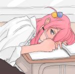  1girl blue_eyes bocchi_the_rock! closed_mouth collared_shirt commentary_request cube_hair_ornament desk gotoh_hitori hair_ornament highres holding holding_pen long_hair looking_at_viewer mentos_pepsi pen pink_hair school_desk shirt solo white_shirt writing 