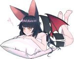  1girl animal_ears bangs bat_ears bat_girl bat_wings black_hair blunt_bangs closed_mouth heart highres indie_virtual_youtuber kumaartsu legs_up long_hair lying monster_girl moriko_kyoho on_stomach orange_eyes pillow simple_background smile solo virtual_youtuber white_background wings 