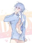  1boy ahoge alternate_costume arm_up ass back_bow backless_dress backless_outfit bare_back blue_dress blue_eyes blue_hair blush bow butt_crack closed_mouth cowboy_shot dimples_of_venus dress edmond_(nu_carnival) embarrassed from_behind hair_between_eyes hair_bow heart highres holding holding_own_hair jewelry long_hair long_sleeves looking_at_viewer low_ponytail male_focus no_male_underwear nu_carnival ponytail ribbed_sweater ribbon ribbon-trimmed_dress ribbon_trim ring short_dress shoulder_blades skirt skirt_tug solo spine sweater sweater_dress v-shaped_eyebrows virgin_killer_sweater wavy_mouth white_background white_bow white_ribbon your_yanjiu 