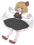  1girl :d arms_up ascot black_skirt black_vest blonde_hair commentary dutch_angle fang frilled_shirt_collar frills full_body hair_ribbon harukairo highres legs_apart long_sleeves looking_at_viewer mary_janes open_mouth outstretched_arms petticoat puffy_long_sleeves puffy_sleeves red_ascot red_eyes red_ribbon red_shoes ribbon rumia shirt shoes short_hair simple_background skirt smile socks solo standing touhou untranslatable_commentary vest white_background white_shirt white_socks 