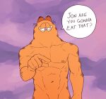  2018 abs anthro anthrofied dialogue domestic_cat english_text felid feline felis garfield_(series) garfield_the_cat half-length_portrait hi_res male mammal muscular muscular_anthro muscular_male nude nude_anthro nude_male orange_body pecs portrait solo speech_bubble text unseriousguy v-cut 