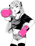  1girl bandaid bandaid_on_cheek bandaid_on_face bow boxing_gloves bra_strap breasts commentary_request cowboy_shot crop_top gloves greyscale hair_bow hand_on_own_hip highres lee_(dragon_garou) linea_alba long_hair micro_shorts midriff monochrome navel one_eye_closed open_mouth original pink_gloves pointing pointing_at_viewer shirt shorts sidelocks skindentation small_breasts solo spot_color thighhighs tied_shirt torn_clothes torn_shorts twintails 
