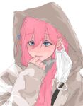  1girl blue_eyes bocchi_the_rock! closed_mouth commentary_request cube_hair_ornament gotoh_hitori grey_jacket hair_ornament hand_up hood hood_up jacket long_hair mask_around_one_ear mentos_pepsi pink_hair simple_background sleeves_past_wrists solo white_background 