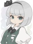  1girl black_bow black_bowtie bow bowtie closed_mouth collared_shirt commentary green_eyes green_vest grey_hair hairband harukairo highres konpaku_youmu konpaku_youmu_(ghost) looking_at_viewer puffy_short_sleeves puffy_sleeves shirt short_hair short_sleeves simple_background solo touhou untranslatable_commentary upper_body vest white_background white_shirt 