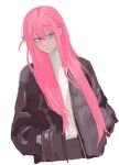  1girl black_jacket blue_eyes bocchi_the_rock! closed_mouth commentary_request cube_hair_ornament gotoh_hitori hair_ornament highres jacket long_hair looking_at_viewer mentos_pepsi pink_hair shirt simple_background solo upper_body white_background white_shirt 