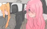  2girls ahoge blonde_hair blue_eyes bocchi_the_rock! car_interior closed_mouth commentary_request gotoh_hitori grey_jacket hair_over_one_eye highres ijichi_nijika jacket long_hair looking_at_viewer mentos_pepsi multiple_girls pink_hair side_ponytail smile 
