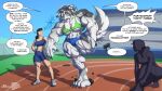  16:9 agonwolfe anthro big_muscles blue_eyes breasts canid canine canis claws clothing dialogue domestic_dog english_text female fluffy fluffy_tail group hi_res huge_muscles human humanoid husky hyper hyper_muscles mammal muscular muscular_female nordic_sled_dog quadriceps spitz surprise_transformation surprised_expression text toe_claws torn_clothing trackand_field transformation were werecanid werecanine werewolf widescreen wolf 