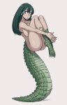  1girl collarbone colored_skin completely_nude crocodilian_tail fetal_position green_hair green_scales green_skin highres kinuko_(kinucakes) looking_at_viewer medium_hair monster_girl nude original own_hands_together purple_eyes simple_background solo tail white_background 
