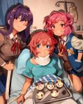  3girls absurdres baking_sheet bed blue_eyes blue_skirt bound bow commentary cupcake doki_doki_literature_club english_commentary fang food hair_ornament hairclip highres hospital hospital_bed hospital_gown indoors intravenous_drip jacket khyle. letterman_jacket long_hair looking_at_viewer lying multiple_girls natsuki_(doki_doki_literature_club) neck_brace on_back on_bed pillow pink_eyes pink_hair pleated_skirt purple_eyes purple_hair red_bow restrained rope sayori_(doki_doki_literature_club) school_uniform short_hair skirt smile standing tied_up_(nonsexual) twintails v yuri_(doki_doki_literature_club) 