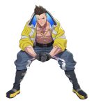 1boy abs belt boots brown_hair cyberpunk_(series) cyberpunk_edgerunners cyborg david_martinez full_body jacket looking_at_viewer male_focus mechanical_parts open_clothes open_jacket own_hands_together pants rakuta simple_background sitting solo white_background yellow_jacket 