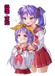  2girls absurdres aina_156cm bangs blue_eyes blush bow commentary_request copyright_name cowboy_shot hair_bow hair_ribbon hairband highres hiiragi_kagami hiiragi_tsukasa long_hair long_sleeves lucky_star midriff_peek multiple_girls neckerchief open_mouth parted_lips purple_hair purple_ribbon red_neckerchief red_sailor_collar red_skirt ribbon ryouou_school_uniform sailor_collar school_uniform serafuku short_hair siblings simple_background sisters skirt translation_request twins twintails upper_body white_background yellow_hairband yellow_ribbon 