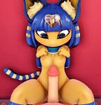  2022 animal_crossing animal_humanoid ankha_(animal_crossing) anthro bed big_ears big_eyes big_penis blue_hair breasts butt cat_humanoid duo felid felid_humanoid feline feline_humanoid female furniture genitals gold_(metal) gold_jewelry hair hi_res human humanoid inside jewelry male male/female mammal mammal_humanoid mmd nintendo nipples nude penis pose video_games wide_hips yellow_body 