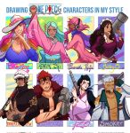  4boys 4girls arm_up baby_5 blue_neckerchief cape charlotte_linlin cigarette clenched_hand commentary dark-skinned_female dark-skinned_male dark_skin dress earrings english_commentary epaulettes eustass_kid goggles goggles_on_head gun hand_tattoo hat highres holding holding_gun holding_weapon izou_(one_piece) jewelry juliet_sleeves kouzuki_toki long_hair long_sleeves looking_at_viewer mechanical_arms multiple_boys multiple_drawing_challenge multiple_girls neckerchief obi one_piece pink_dress pink_hair pkhibiya puffy_sleeves purple_cape purple_dress red_hair sash sideburns single_mechanical_arm smile smoker_(one_piece) snowing stitched_face stitches tattoo trafalgar_law upper_body vinsmoke_reiju weapon white_hair wide_sleeves 