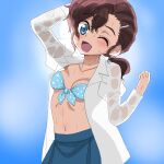  1girl arm_behind_head arm_up backlighting bangs bikini bikini_top_only blue_background blue_bikini blue_eyes blue_sky blush breasts brown_hair cleavage collarbone collared_shirt gegege_no_kitarou hair_ornament hairclip highres inuyama_mana long_sleeves looking_at_viewer messy_hair navel one_eye_closed open_clothes open_mouth open_shirt polka_dot polka_dot_bikini ponytail shirt skirt sky small_breasts smile stomach sun sweat sweaty_clothes swimsuit tekisui upper_body wet wet_clothes white_shirt 