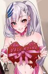  1girl absurdres blanc_(studio_artblock) braid breasts chocolate chocolate_on_body chocolate_on_breasts commentary english_commentary food_on_body grey_hair hair_ornament happy_valentine highres hololive hololive_indonesia large_breasts long_hair looking_at_viewer pavolia_reine valentine virtual_youtuber 