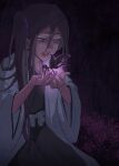  2girls black_hair bleach bleach:_epilogue commentary_request fairy glowing hair_between_eyes haori highres holding holding_mini_person insect_wings japanese_clothes jcell kuchiki_rukia long_hair mini_person minigirl moth_wings multiple_girls nude open_mouth purple_eyes saliva saliva_trail shihakusho side_ponytail taichou_haori white_haori wings 