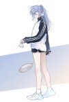  1boy ahoge alternate_costume ankle_socks black_jacket black_shorts blue_eyes blue_hair closed_mouth edmond_(nu_carnival) from_side full_body gradient_background hair_between_eyes hashtag-only_commentary high_collar high_ponytail highres holding holding_racket holding_shuttlecock jacket legs long_hair long_sleeves looking_down male_focus multicolored_jacket nu_carnival ponytail profile racket shoes shorts sleeves_past_wrists sneakers socks solo standing two-tone_jacket white_background white_jacket white_shoes white_socks your_yanjiu 