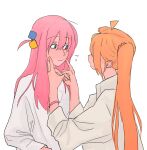  2girls ahoge blonde_hair blue_eyes bocchi_the_rock! bracelet commentary_request cube_hair_ornament flying_sweatdrops gotoh_hitori hair_ornament highres ijichi_nijika jewelry long_hair mentos_pepsi multiple_girls pink_hair shirt side_ponytail simple_background white_background white_shirt 