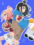  2girls back-to-back black_eyes black_hair blonde_hair blue_background blue_eyes blue_hood brown_jacket closed_mouth commentary_request cube_hair_ornament dosyabu_rain hair_ornament highres holding holding_poke_ball jacket lida_(pokemon) long_sleeves midriff multicolored_hair multiple_girls navel open_clothes open_jacket outline pants poke_ball poke_ball_(basic) pokemon pokemon_legends:_z-a red_hair short_hair shorts star_(symbol) taunie_(pokemon) two-tone_hair two-tone_pants white_outline white_pants white_shorts yellow_pants 