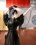  1girl absurdres archery archery_shooting_glove arrow_(projectile) bang_dream! bang_dream!_it's_mygo!!!!! black_hair black_kimono bow chinese_commentary commentary_request gloves half_updo hero45439083942 highres japanese_clothes kimono kyuudou medium_hair mole mole_under_mouth original partially_fingerless_gloves purple_eyes shiina_mirei short_hair solo sweat 