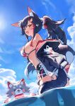  1girl absurdres animal_ear_fluff animal_ears bikini black_hair black_jacket blue_sky breasts cloud commentary_request day deaver hair_ornament hairclip highres hololive hood hooded_jacket jacket large_breasts leaf_print long_hair miofa_(ookami_mio) multicolored_hair official_alternate_costume official_alternate_hairstyle ookami_mio ookami_mio_(hololive_summer_2019) open_mouth outdoors partially_underwater_shot print_bikini red_streaks short_shorts shorts side_slit side_slit_shorts sideboob sidelocks sky solo streaked_hair swimsuit tail two-sided_fabric two-sided_jacket very_long_hair virtual_youtuber wading white_bikini white_shorts wide_ponytail wolf_ears wolf_girl wolf_tail yellow_eyes 