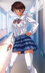  1girl blue_skirt brown_eyes brown_hair dark_skin hallway highres legs looking_at_viewer satou_miyou school school_uniform shirt short_hair skirt smile solo super_real_mahjong thighhighs toono_mizuki white_shirt white_thighhighs zettai_ryouiki 