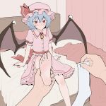  1girl 1other back_bow barefoot bat_wings bed blue_hair blush bow feet foot_focus frilled_skirt frilled_sleeves frills hair_between_eyes hat hat_ribbon highres holding holding_another's_foot holding_sock holding_unworn_clothes indoors looking_at_viewer medium_hair mob_cap on_bed pink_hat pink_nails pink_shirt pink_skirt pov puffy_short_sleeves puffy_sleeves red_bow red_eyes remilia_scarlet ribbon shirt short_sleeves sitting skirt sleeve_bow slit_pupils socks soles solo toes touhou unworn_socks wings youpofen 