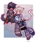  2boys :< alternate_costume animal_ear_fluff animal_ears animification arm_warmers belt belt_buckle black_belt black_hair black_shirt blue_eyes blue_scarf border buckle cat_boy cat_ears cat_tail cole_(ninjago) collared_shirt colored_eyelashes full_body hand_on_another's_face hashtag-only_commentary highres invisible_chair kemonomimi_mode long_legs long_sleeves looking_at_viewer male_focus multiple_boys ninjago orange_arm_warmers orange_eyes outline outside_border paw_print pink_outline pume1 scarf shirt short_hair sitting slit_pupils smile striped_arm_warmers striped_clothes striped_scarf tail thick_eyebrows white_border white_hair wing_collar zane_(ninjago) zoom_layer 