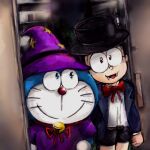  1:1 2019 anthro bell belt blue_body blue_fur bottomwear bow_tie building clothed clothing collar costume domestic_cat doorway doraemon doraemon_(character) duo eyewear fangs felid feline felis front_view fur glasses hat headgear headwear human looking_at_viewer machine male mammal mt_tg nobita_nobi open_mouth red_collar red_nose robot shaded shorts smile standing suit tongue top_hat wall_(structure) whiskers white_body white_fur wizard_costume wizard_hat wizard_robe 