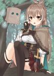  1girl :o absurdres ahoge asymmetrical_legwear bangs berry branch brown_capelet brown_cloak brown_corset brown_eyes brown_hair cape capelet cloak corset dagger feather_hair_ornament feathers forest friend_(nanashi_mumei) gloves hair_ornament hairclip hieroglyphics highres hololive hololive_english in_tree knee_strap kneehighs knife long_hair looking_at_viewer multicolored_hair nanashi_mumei nature partially_fingerless_gloves pleated_skirt ponytail red_skirt ribbon runes shirt single_kneehigh single_sock single_thighhigh sitting sitting_in_tree skirt soba_(sobaya1938) socks streaked_hair thigh_strap thighhighs tree very_long_hair virtual_youtuber weapon white_shirt 