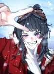  1girl absurdres bang_dream! bang_dream!_it's_mygo!!!!! black_hair blurry blush chinese_commentary clenched_teeth commentary_request depth_of_field double_v goggles goggles_on_head half_updo hand_up hero45439083942 highres jacket medium_hair original red_jacket shiina_mirei snow solo teeth upper_body v v_over_mouth 