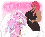  !? 2girls ;d angel_wings arm_up armpit_crease bare_arms bare_shoulders black_dress blue_hair blush border braid braided_ponytail breasts carrying carrying_person choker closed_mouth collarbone colored_inner_hair colored_skin cookie_run cookie_run:_kingdom cowboy_shot cup curtained_hair dark-skinned_female dark_skin dress drill_hair earrings elbow_gloves eternal_sugar_cookie eye_contact fat feathered_wings floral_background flower flower_earrings frilled_dress frills frown gem glass gloves gold_necklace hair_over_shoulder hair_tie half-closed_eye halo hand_on_own_head hand_up heart high_heels highres holding holding_cup hollyberry_cookie huge_breasts humanization interracial jewelry lace lace_gloves long_dress long_hair looking_at_another looking_down multicolored_hair multiple_girls necklace off-shoulder_dress off_shoulder ohta_guk_hip one_eye_closed open_mouth outline outside_border oversized_wings pink_background pink_eyes pink_flower pink_gem pink_hair pink_rose pink_skin raised_inner_eyebrows rose scar scar_on_arm shoes short_sleeves side_braid sidelocks simple_background sleeveless sleeveless_dress small_breasts smile sparkle sparkle_background standing standing_on_one_leg sweatdrop two-tone_hair v-neck very_long_hair white_border white_choker white_dress white_eyeshadow white_flower white_gloves white_outline white_rose white_shoes white_wings wings yellow_halo yuri 